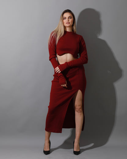 Co-ord Crop Top & Midi Skirt Rib Set - Maroon