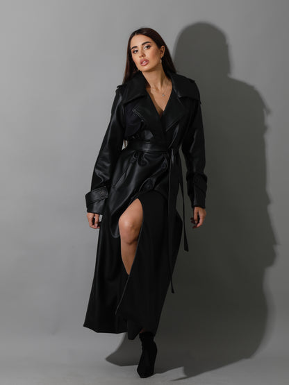 Leather Trench Coat With Suede - Black