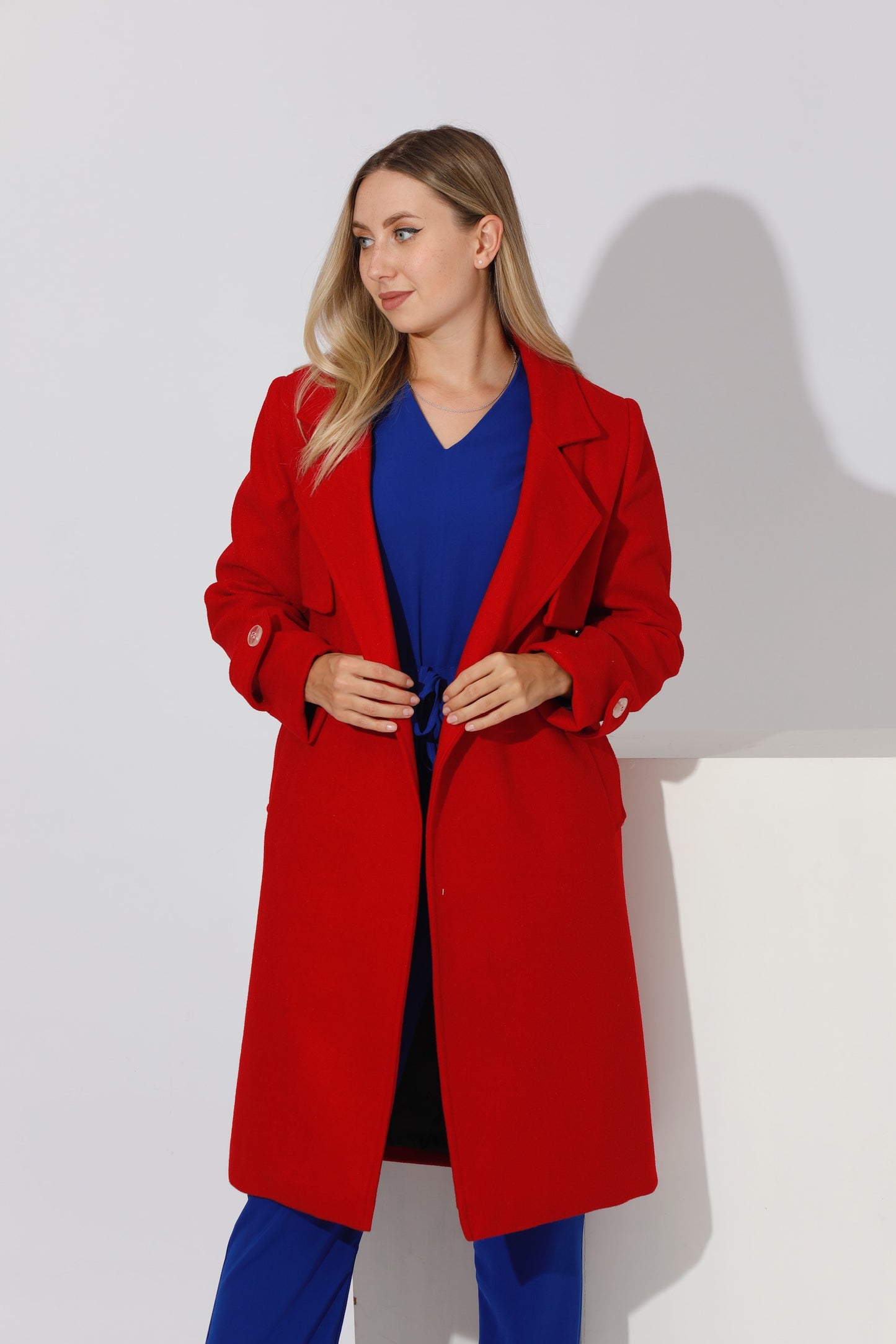 Woolen Wrapped Belted trench Coat - Red