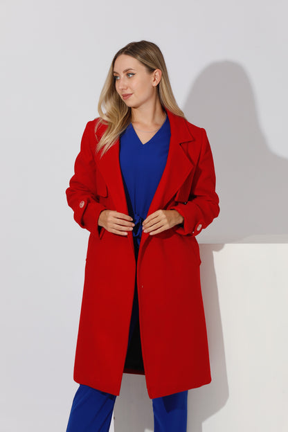 Woolen Wrapped Belted trench Coat - Red
