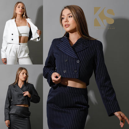 Striped Cropped Blazer Co-Ord - Navy
