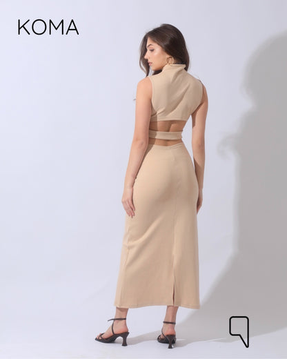 Naomi Halter Neck Midi Sleeveless Dress - Beige