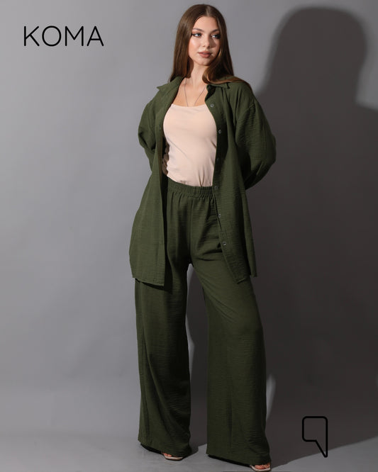 Co-Ord Lenin Long Sleeve Shirt & Wide Leg Trousers - Olive