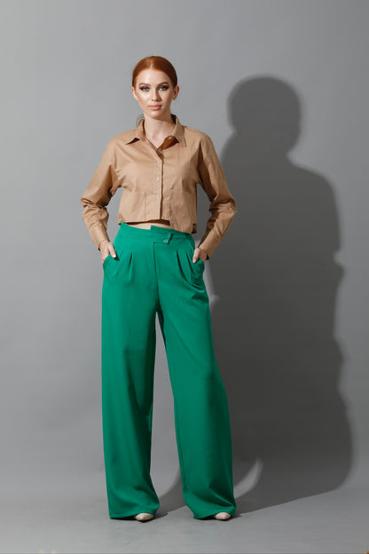 Noelle High Waist Wide Leg Trousers - Green