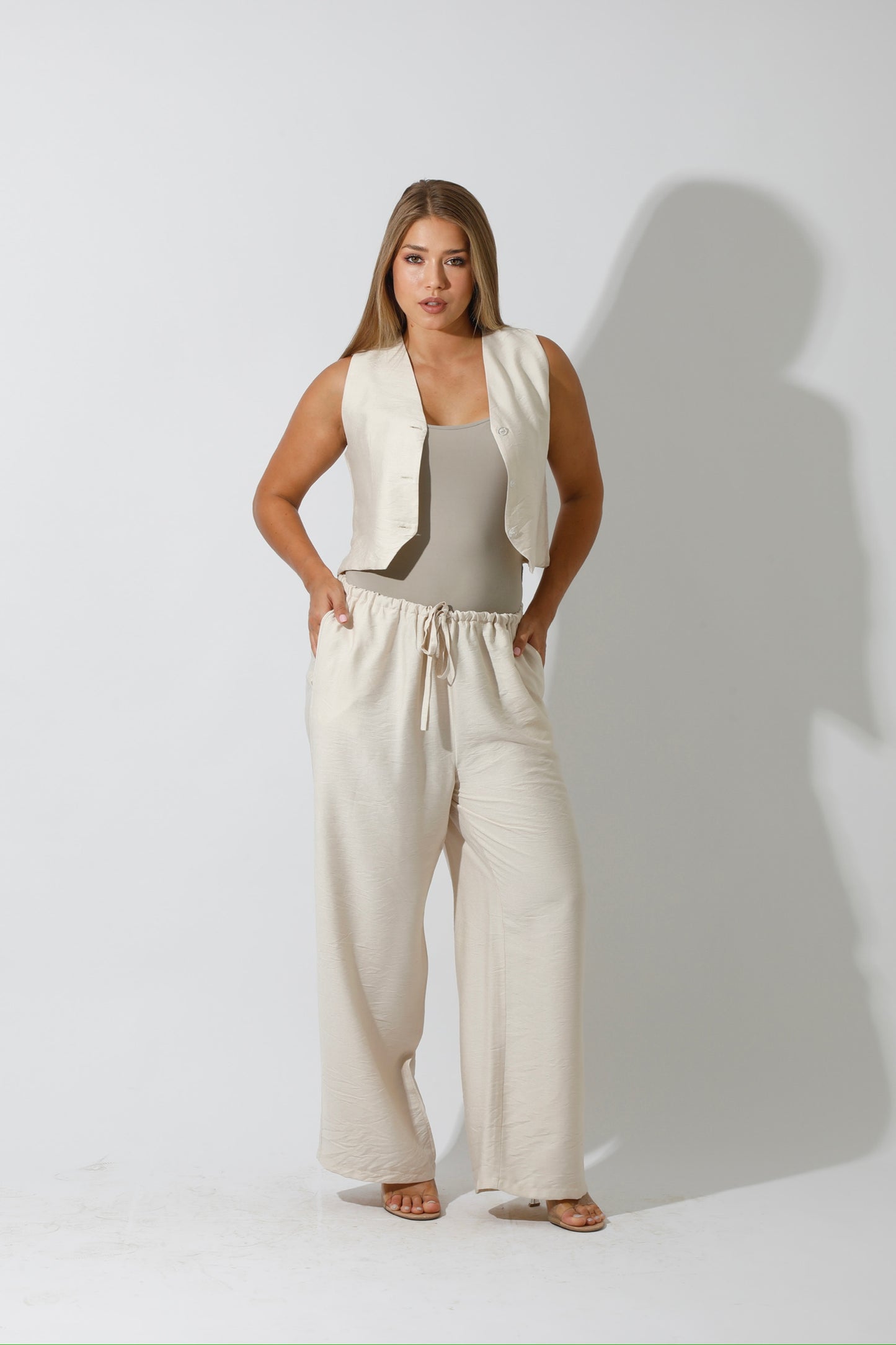 Vest & Lose Tied Pants Set - Beige