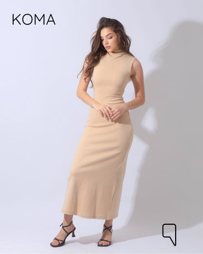Naomi Halter Neck Midi Sleeveless Dress - Beige