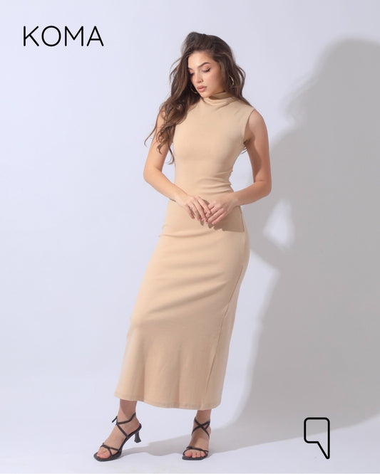 Naomi Halter Neck Midi Sleeveless Dress - Beige