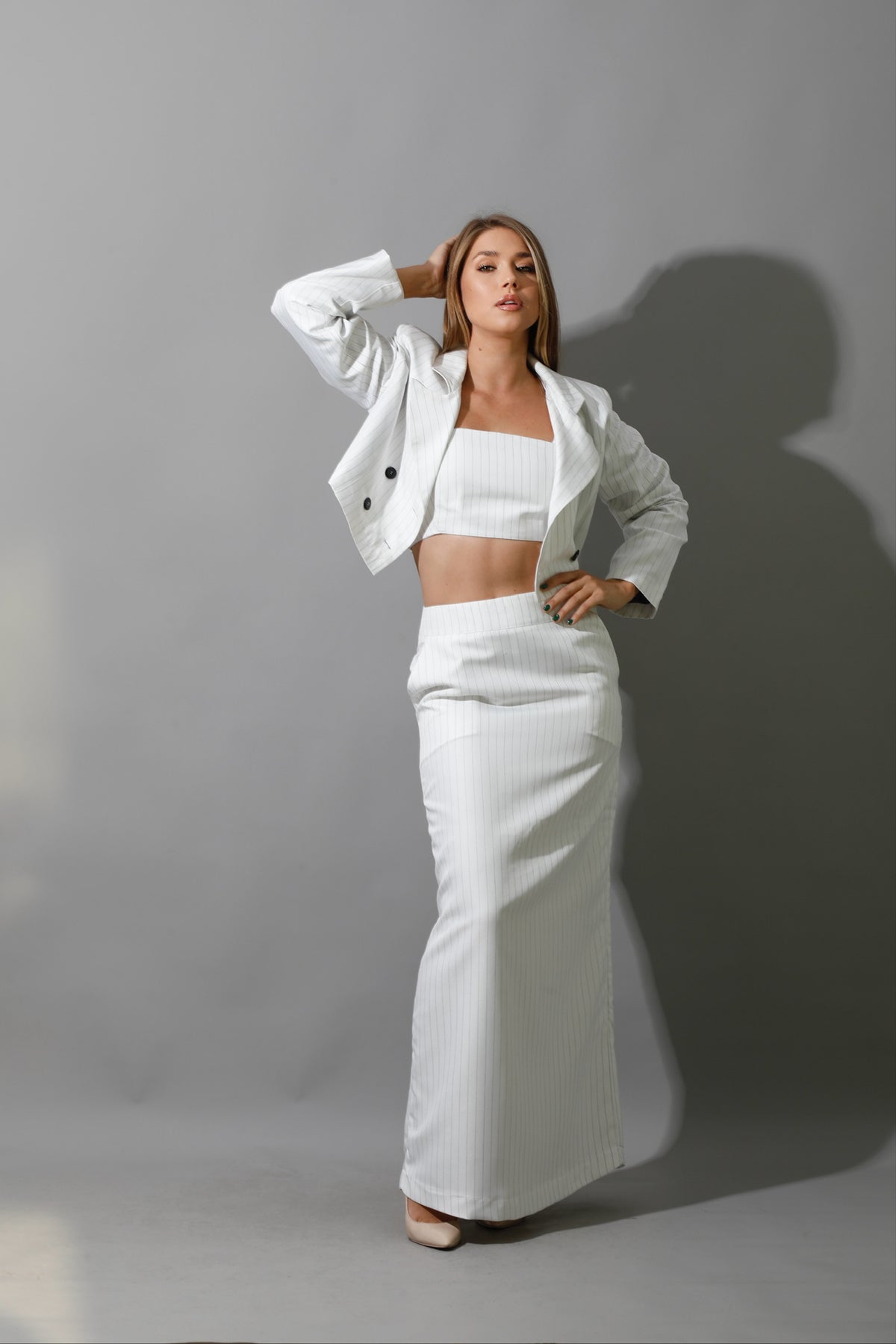 Striped Cropped Blazer, Bra Top & Maxi Skirt Co-Ord - White