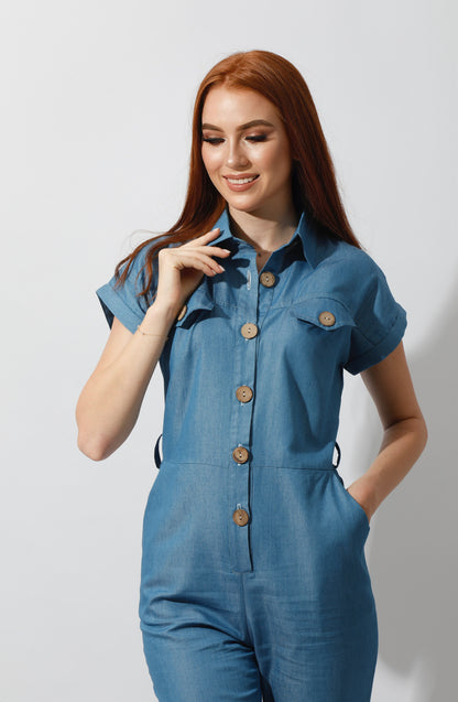 Buttons Jeans Jumpsuit - Blue