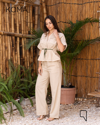 Leilani Stitched Shirt & Straight Trousers Set - Beige