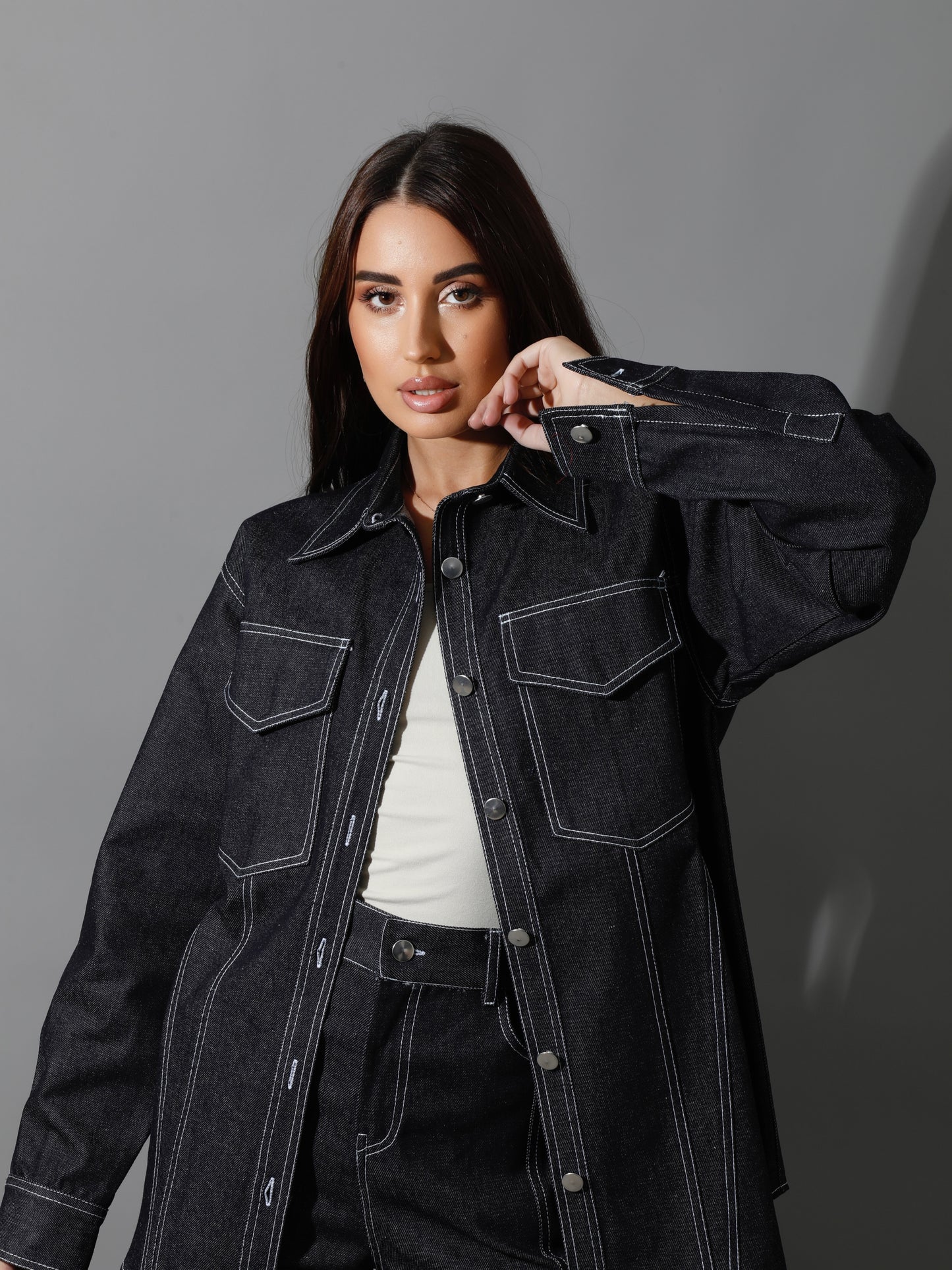 Co-Ord Jeans Cutout Shirt & Cutout Pants - Navy Blue