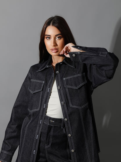 Co-Ord Jeans Cutout Shirt & Cutout Pants - Navy Blue