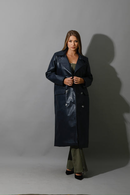 Textured Leather Coat - Navy