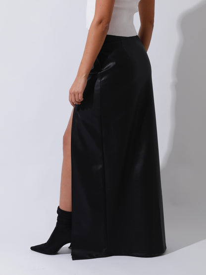 Leather Front Slit Skirt - Black