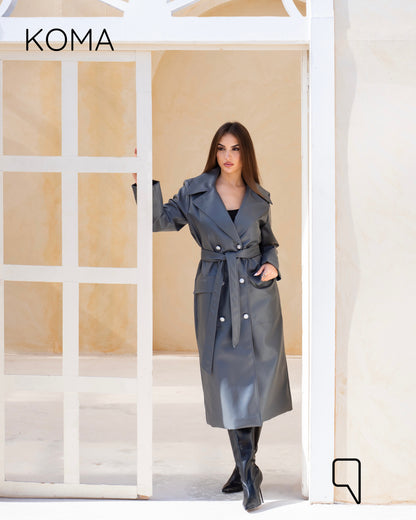 Textured Leather Coat - Gray