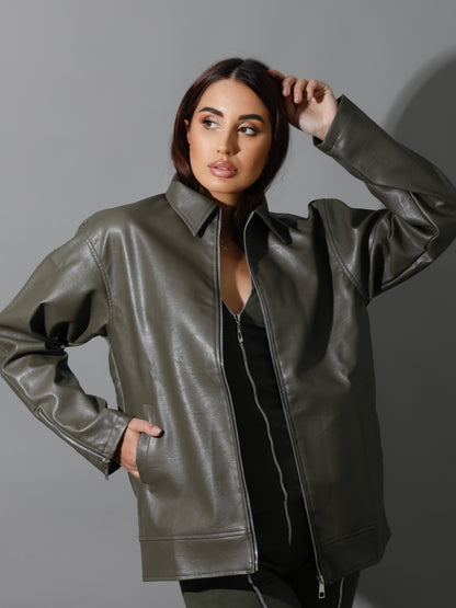 Leather Zipper Sleeved Jacket - Olive