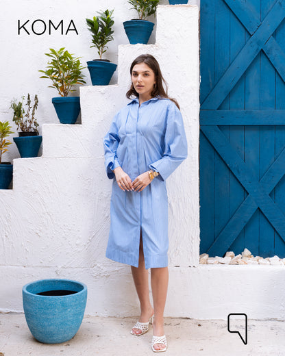 Abigail Striped Midi pleated Shirt Dress - Blue