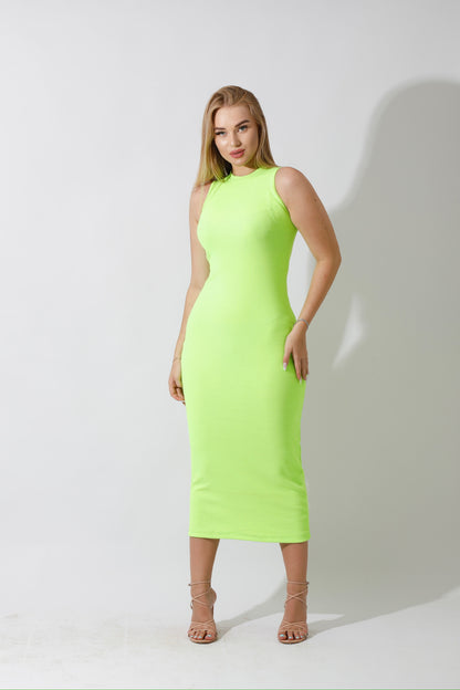 Slinky High Neck Midi Sleeveless Dress - Lime Green