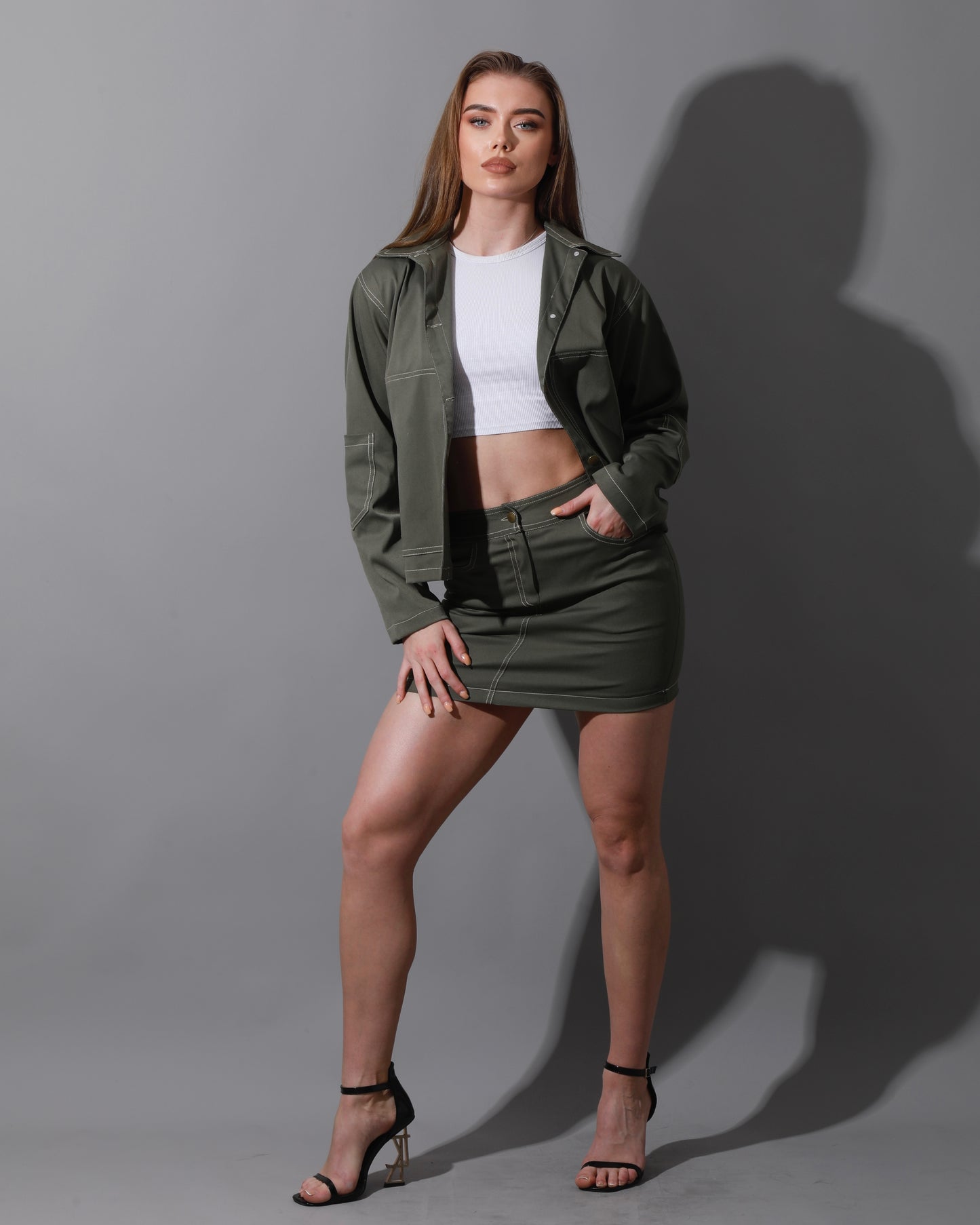 Co-Ord Gabardine Sleeves Jacket & Short Skirt - Olive