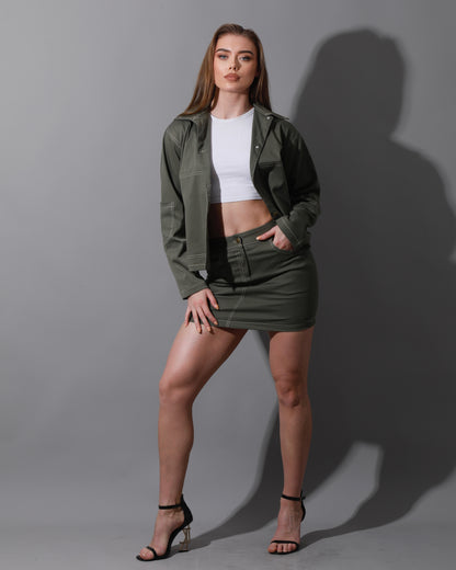 Co-Ord Gabardine Sleeves Jacket & Short Skirt - Olive