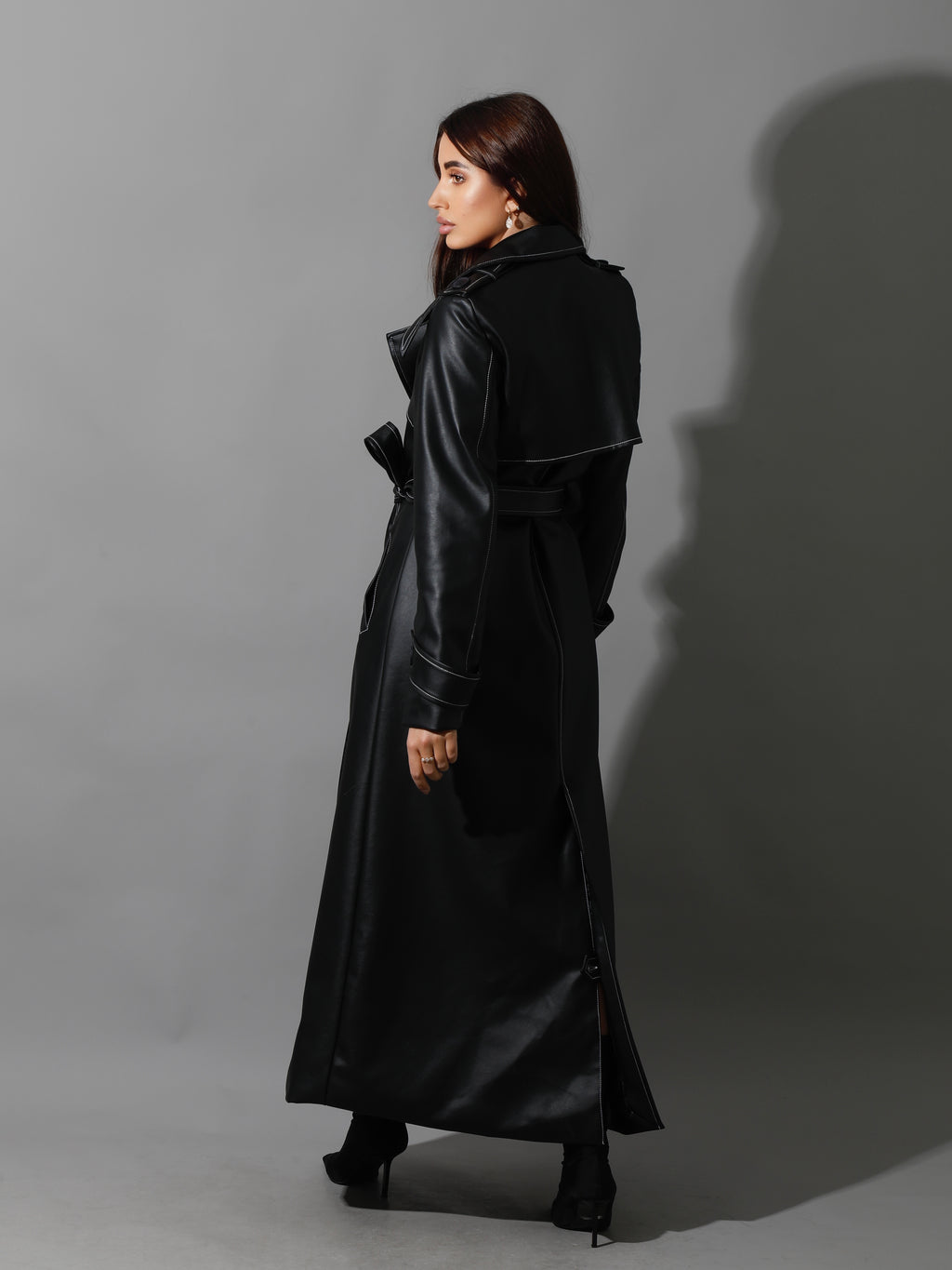Bella Faux Leather Trench Coat with White Stitch - Black