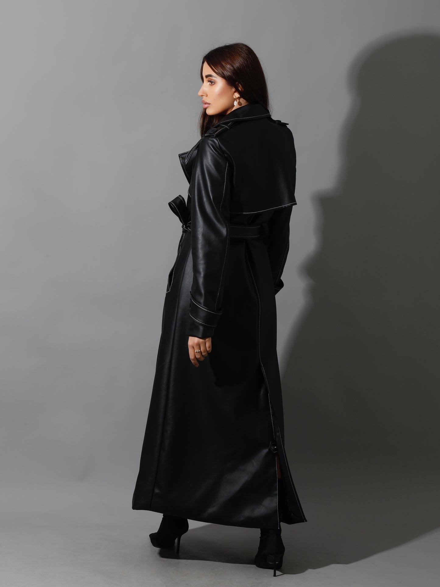 Leather Trench Coat With White Stitch - Black