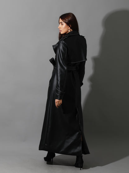 Leather Trench Coat With White Stitch - Black