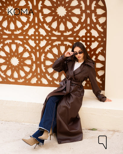 Leather Trench Coat With Suede - Brown