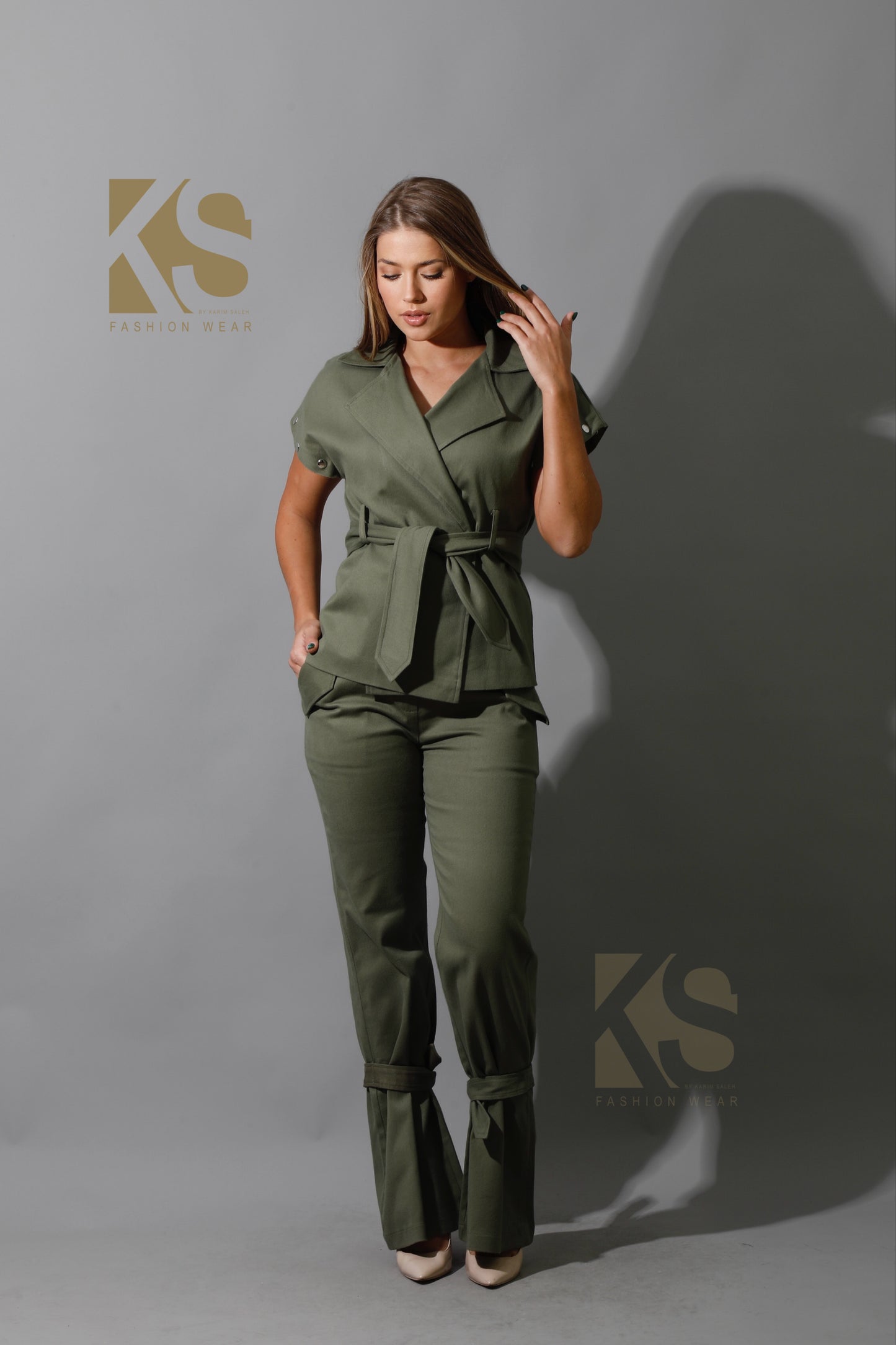 Co-Ord Detached Sleeves Jacket &  Tied BootCut pants - Olive