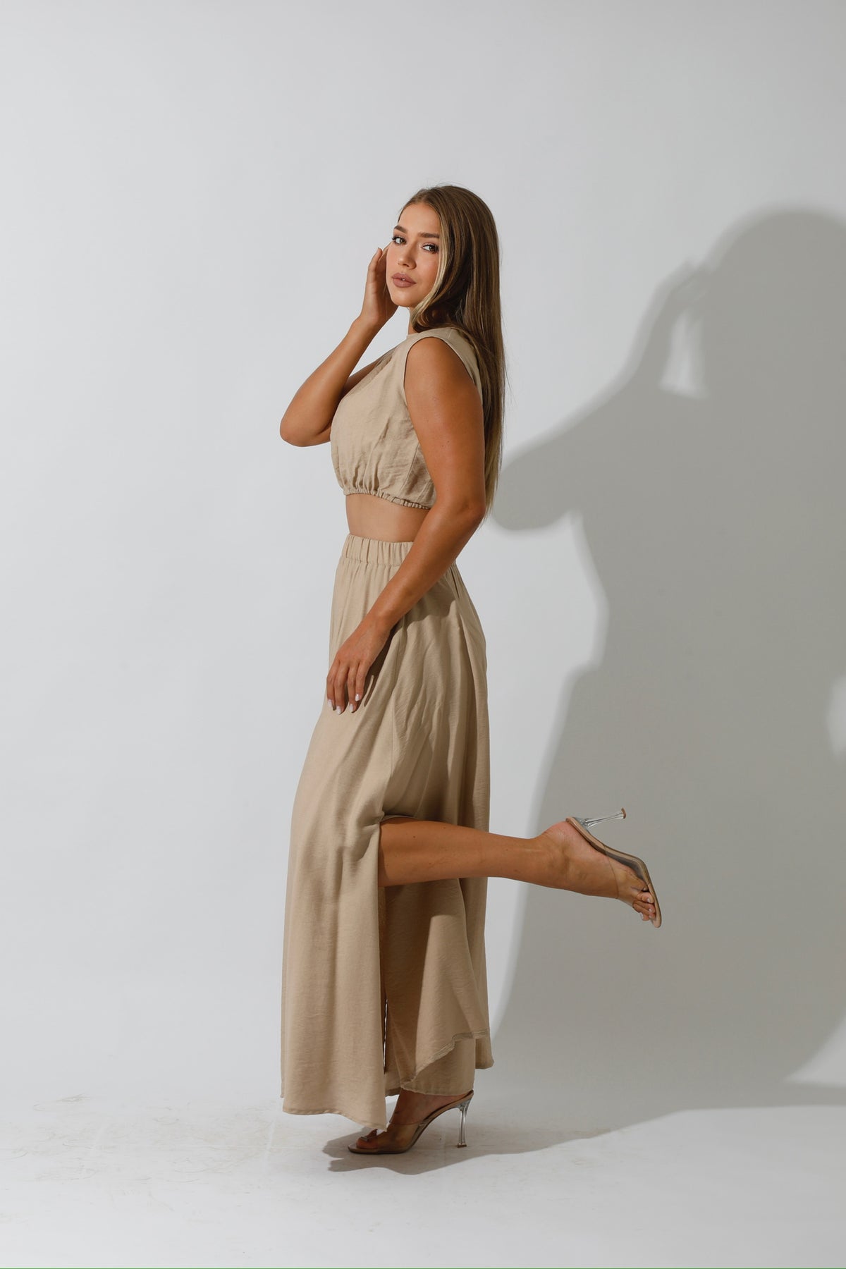 Co-Ord Crop Top & Maxi Side Slite Skirt - Beige