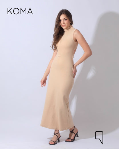 Naomi Halter Neck Midi Sleeveless Dress - Beige