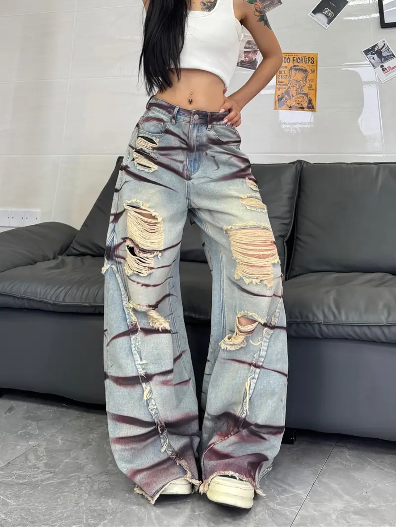 Gaia High-Wasted Distressed Wide Leg Trousers - Multicolored