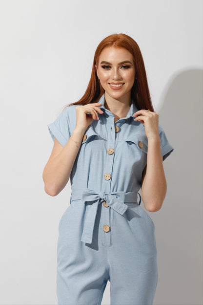Buttons Jeans Jumpsuit - Light Blue