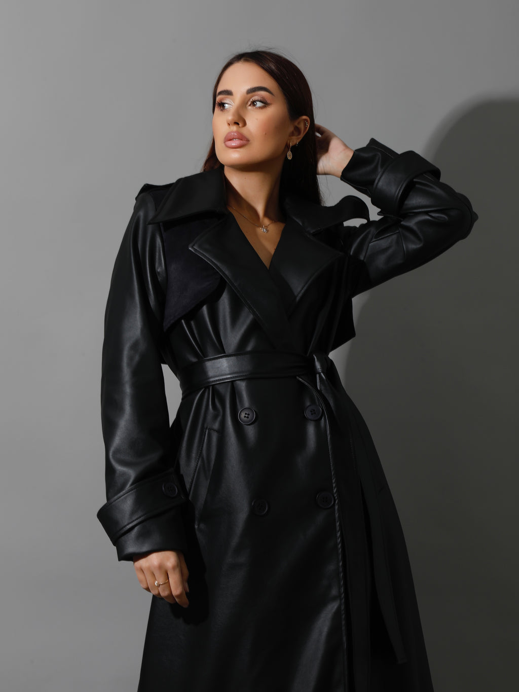Novie Faux Leather & Suede Trench Coat - Black