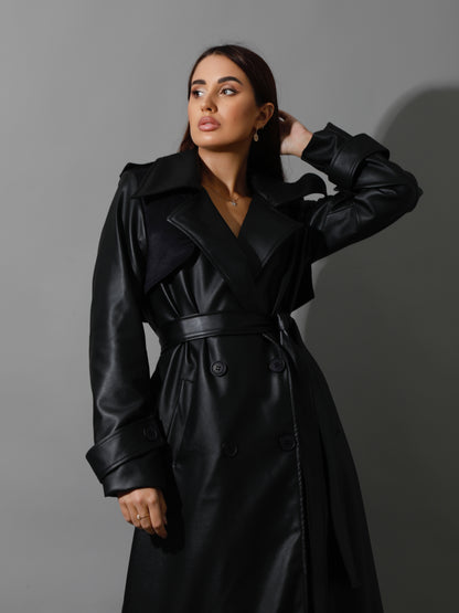 Leather Trench Coat With Suede - Black