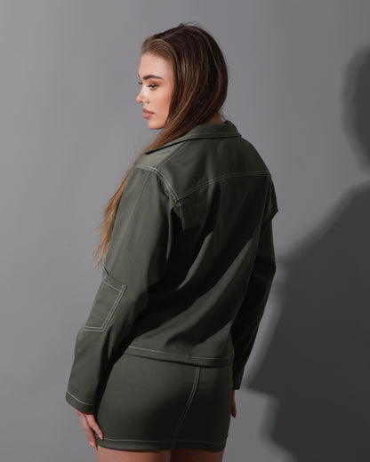 Co-Ord Gabardine Sleeves Jacket & Short Skirt - Olive