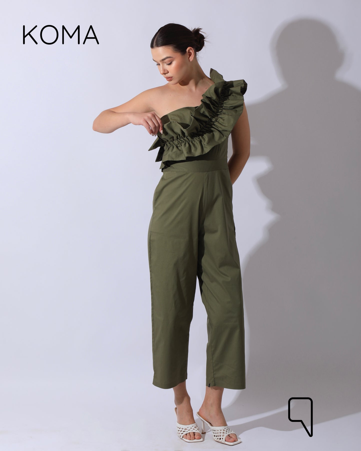 Marta Asymmetric Ruffle Jumpsuit - Olive