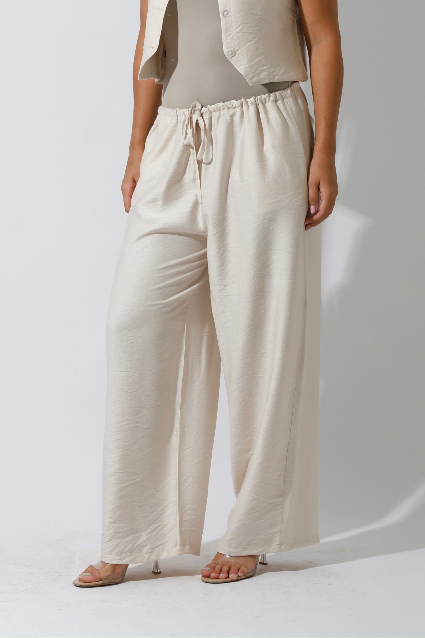 Vest & Lose Tied Pants Set - Beige