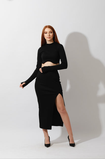 Co-ord Crop Top & Midi Skirt Rib Set - Black