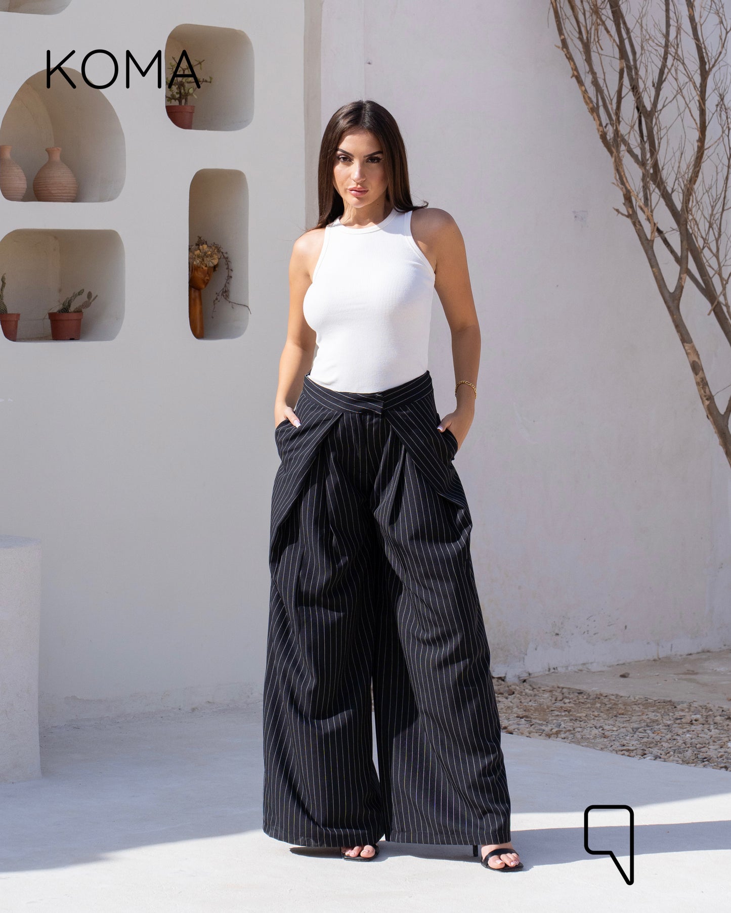Stripped Double Pleated Trousers - Black