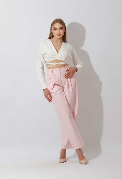 High Rise Paper-Bag Pants - Pink