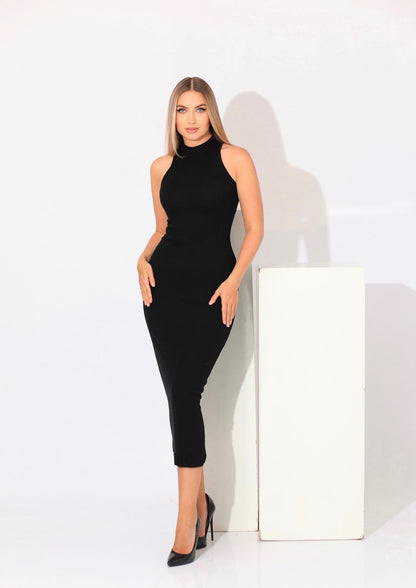 Slinky High Neck Midi Sleeveless Dress - Black