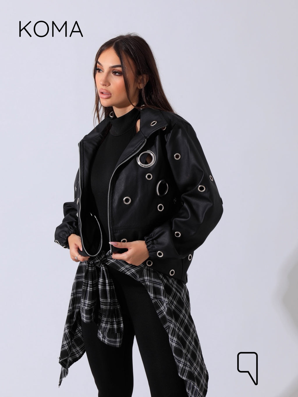 Cailyn Leather eyelet Jacket - Black