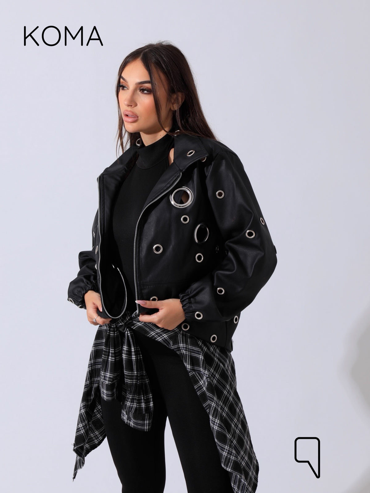 Cailyn Leather eyelet Jacket - Black