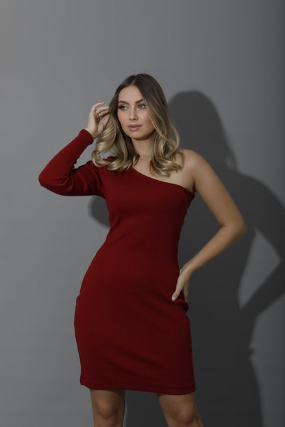 Slinky One Shoulder Bodycon Dress - Maroon