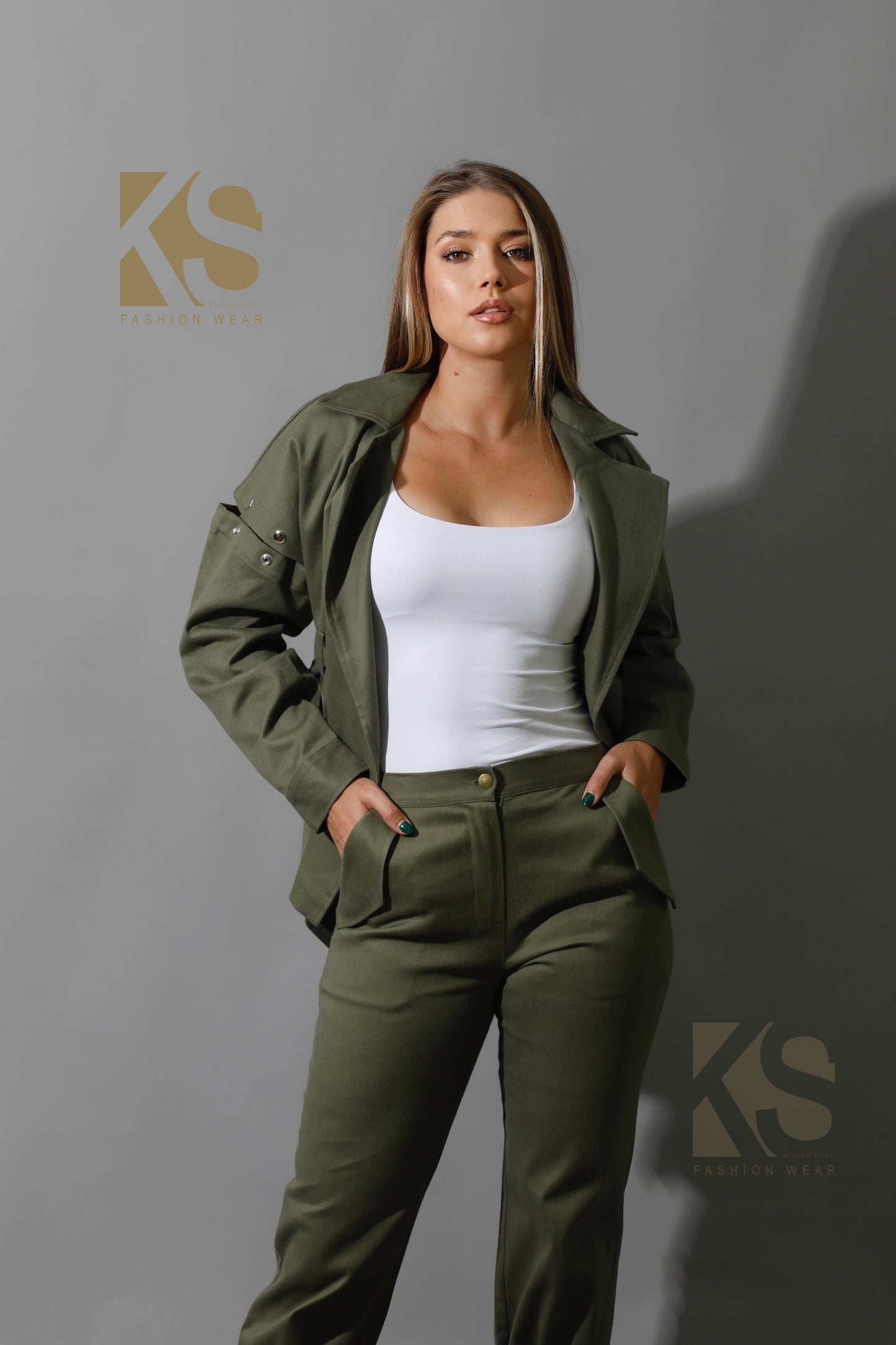 Co-Ord Detached Sleeves Jacket &  Tied BootCut pants - Olive