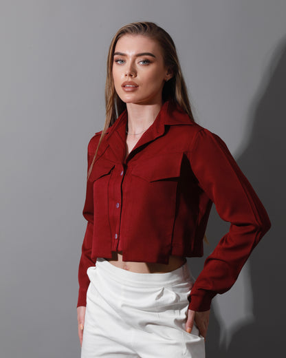 Pockets Cropped Shirt - Maroon