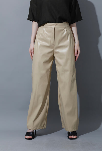 Leather Wide Leg Trousers - Beige