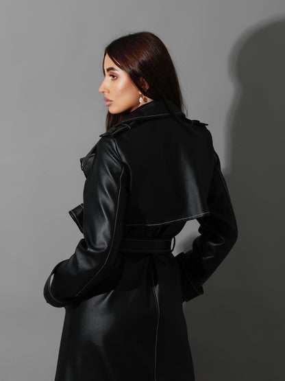 Leather Trench Coat With White Stitch - Black