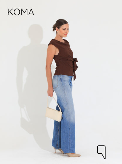 Paula Tied Up Cut Top  - Brown